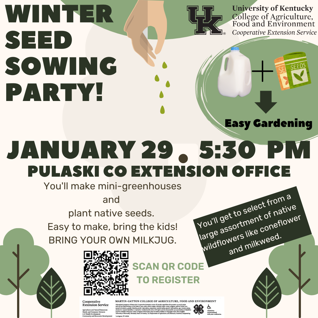 Winter Seed Sowing Party flyer, January 29 at 5:30pm at the Pulaski Co Extension office